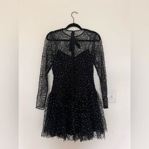 Lela Rose Black V-Neck Flocked Polka-Dot Tulle Flounce Hem Dress